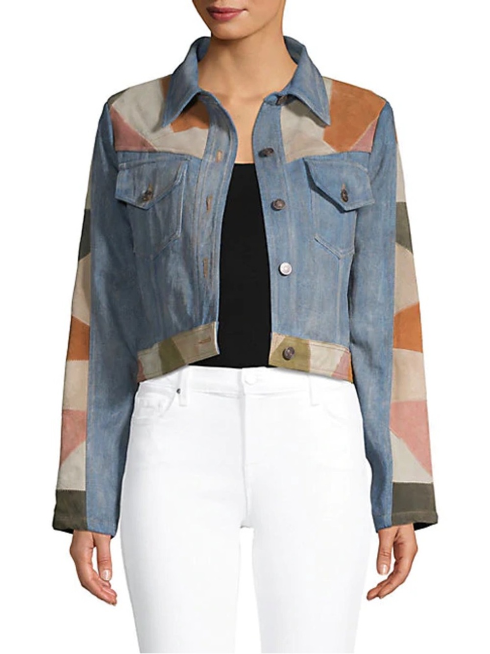 Free People We The Free cropped denim patchwork jacket